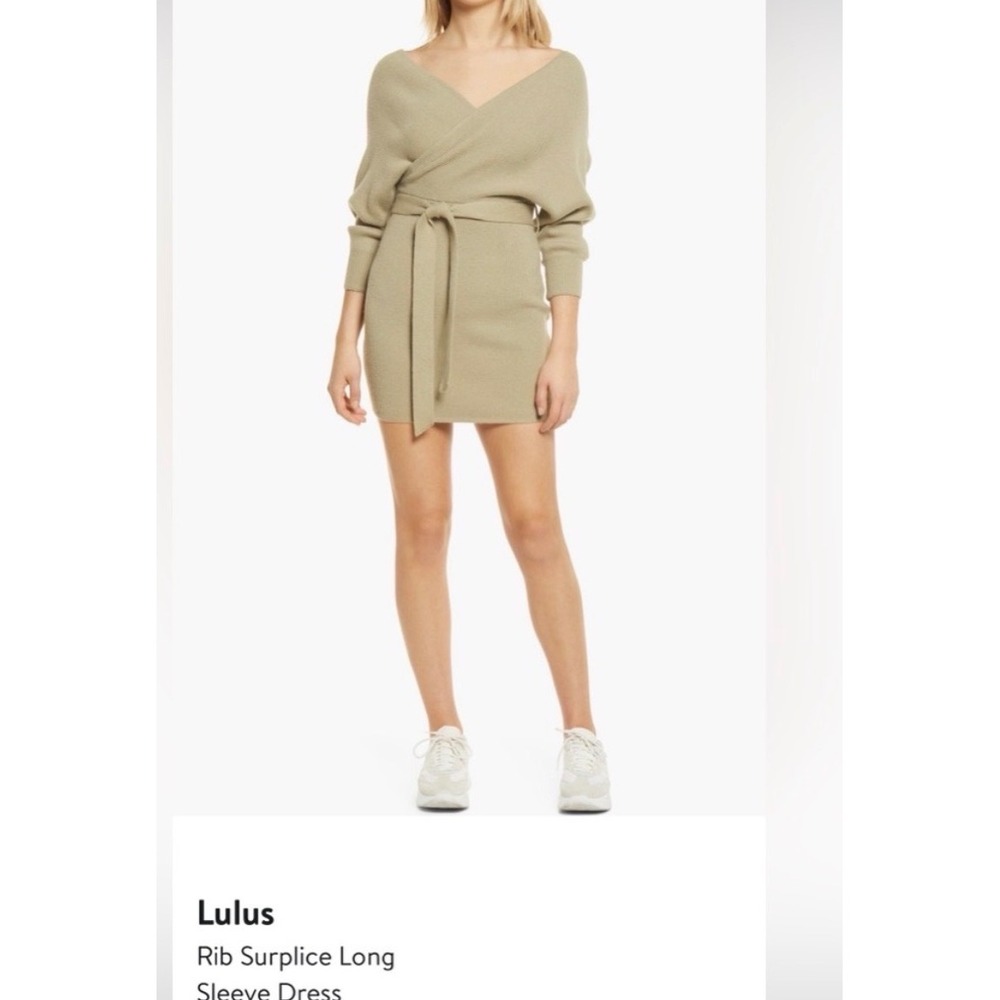 Lulus Wrap Knit Sweater Dress Beige Long Sleeve Belted V Neck Mini